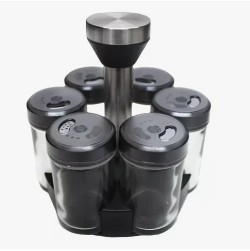 🧂 Especiero Giratorio Metálico de Cocina – 6 Frascos (Negro)